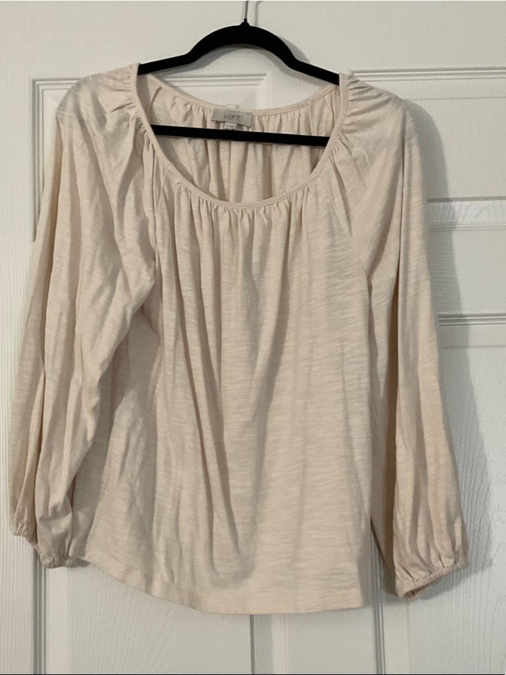 LOFT Cream Gathered-Neck Long Sleeve Blouse